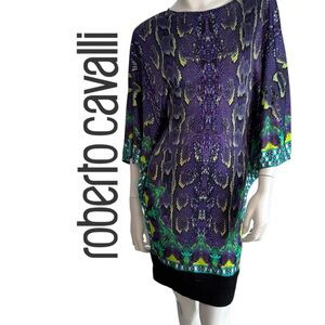 Roberto Cavalli Purple & Green Snake-Print Shift Mini Dress
